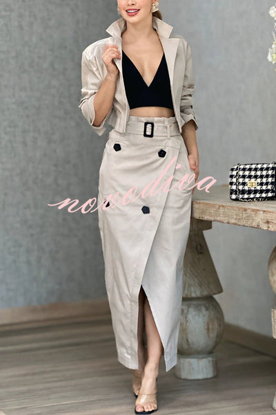 Work Style Lapel Long Sleeve Jacket and Button Belt Pocketed Slit Midi Skirt Set