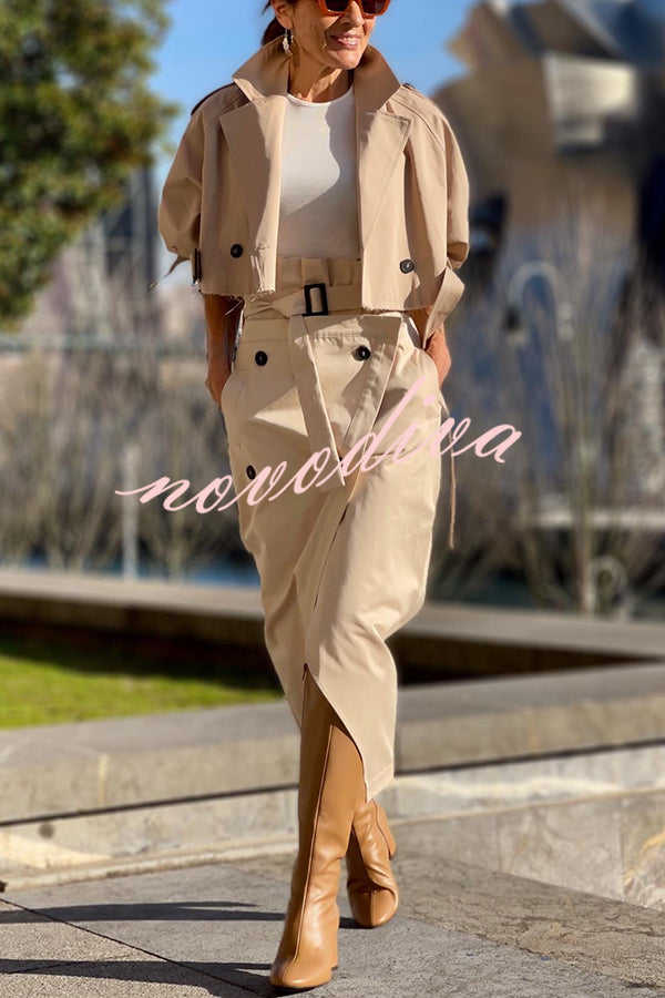 Work Style Lapel Long Sleeve Jacket and Button Belt Pocketed Slit Midi Skirt Set