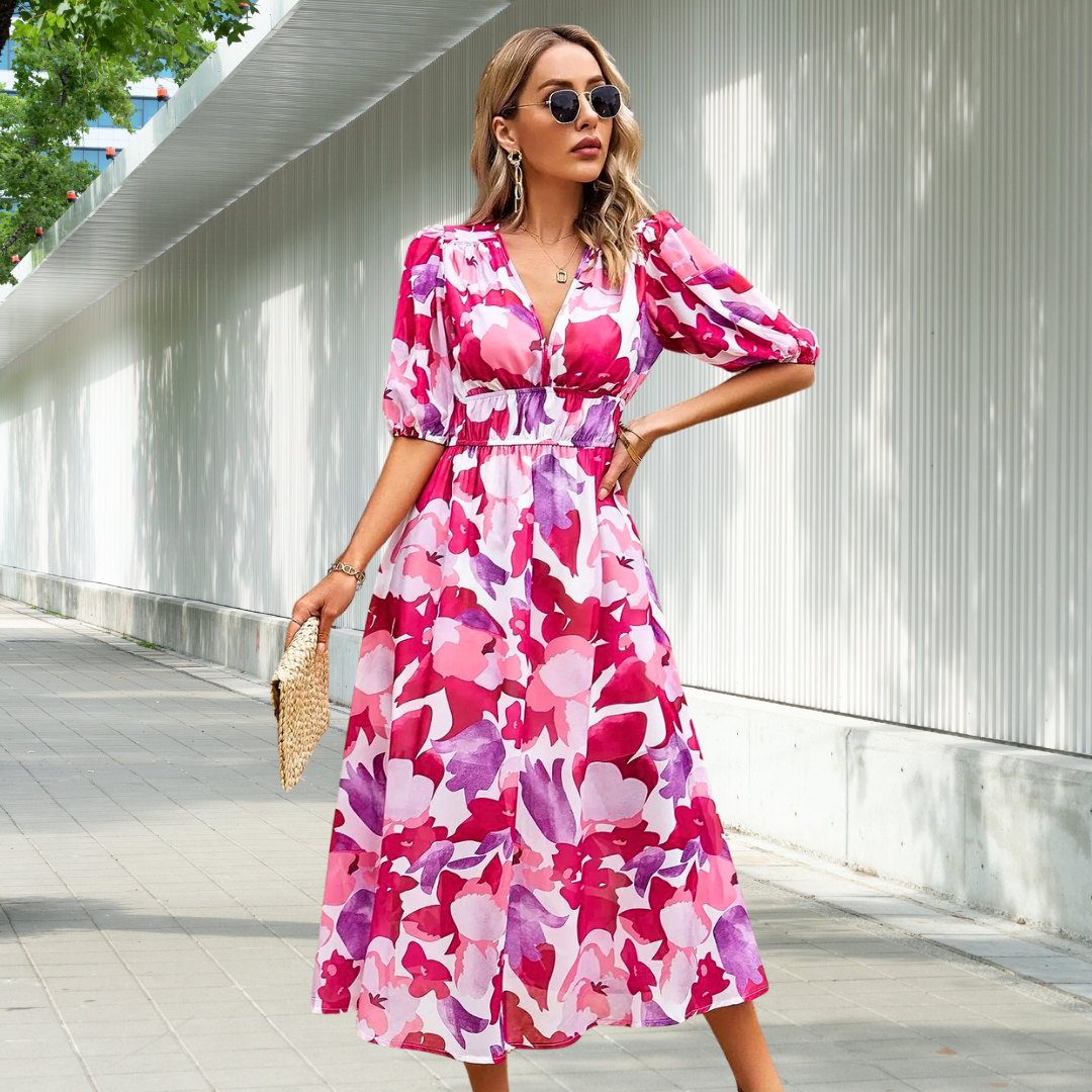 LEONA | TIMELESS MIDI DRESS WITH PUFF SLEEVES