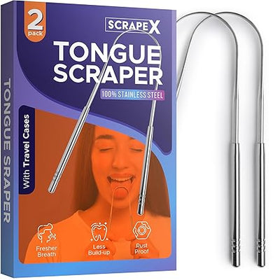 Scrape X Tongue Scraper with Travel Cases (2 Pack), 100% Stainless Steel, Reduce Bad Breath, Easy to Use Tongue Scraper for Adults, Tongue Cleaner for Oral Care & Hygiene