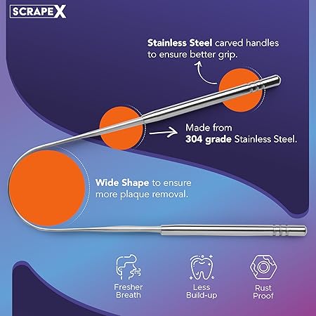 Scrape X Tongue Scraper with Travel Cases (2 Pack), 100% Stainless Steel, Reduce Bad Breath, Easy to Use Tongue Scraper for Adults, Tongue Cleaner for Oral Care & Hygiene