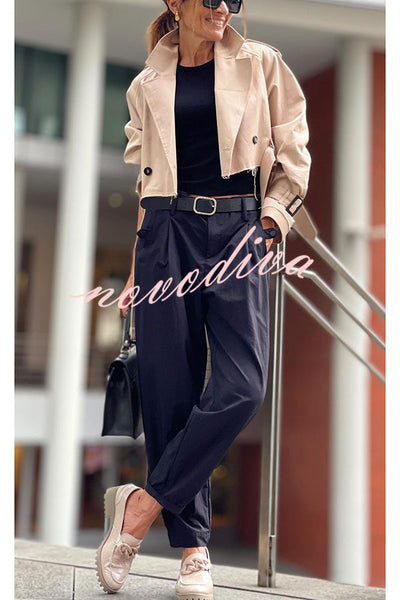 Work Style Lapel Long Sleeve Jacket and Button Belt Pocketed Slit Midi Skirt Set