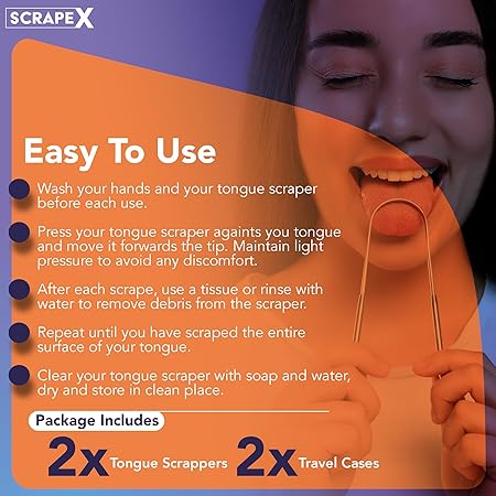 Scrape X Tongue Scraper with Travel Cases (2 Pack), 100% Stainless Steel, Reduce Bad Breath, Easy to Use Tongue Scraper for Adults, Tongue Cleaner for Oral Care & Hygiene