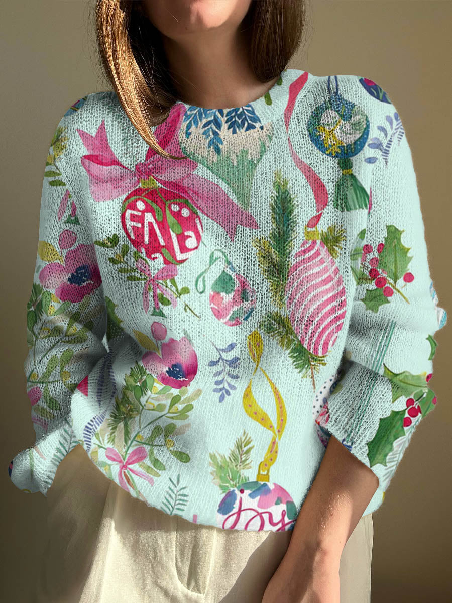 Women's Christmas Lights Ribbon Print Crew Neck Sweater