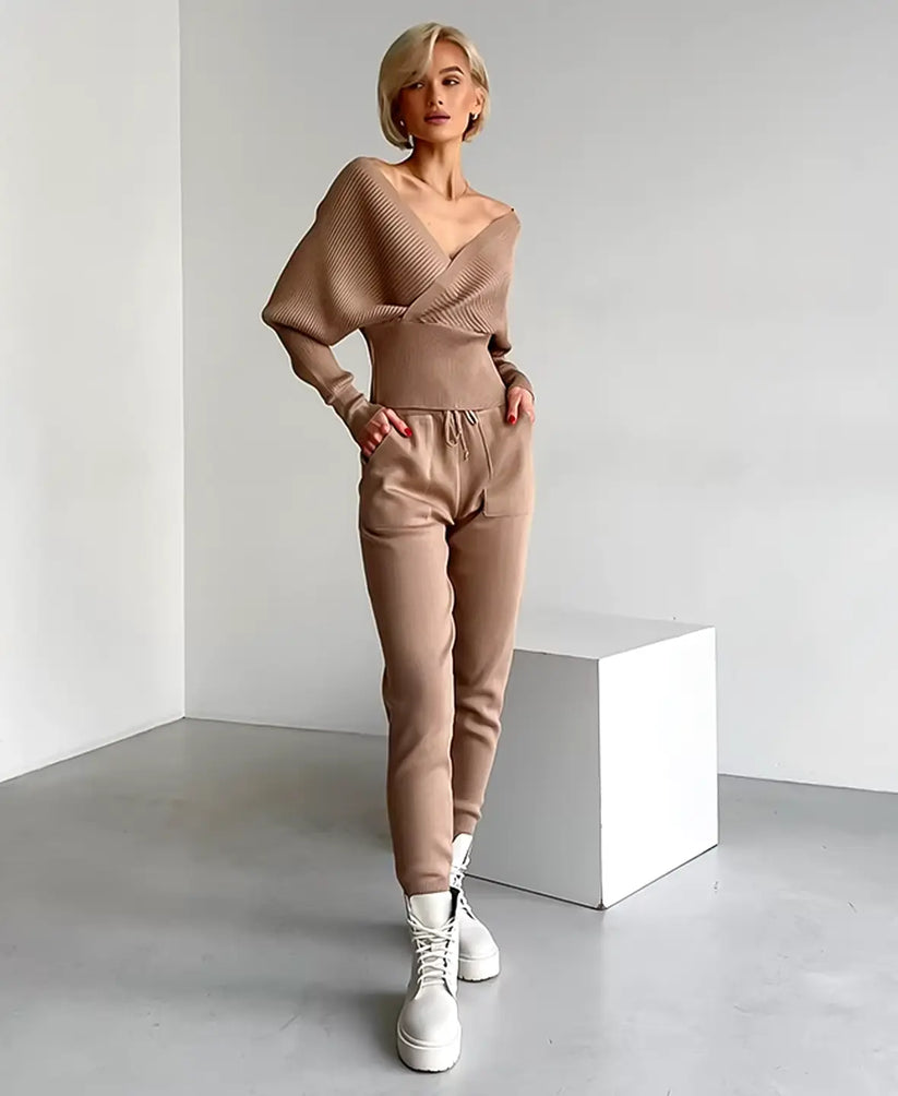 Ribbed Off-Shoulder Knitwear Set