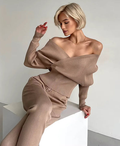 Ribbed Off-Shoulder Knitwear Set