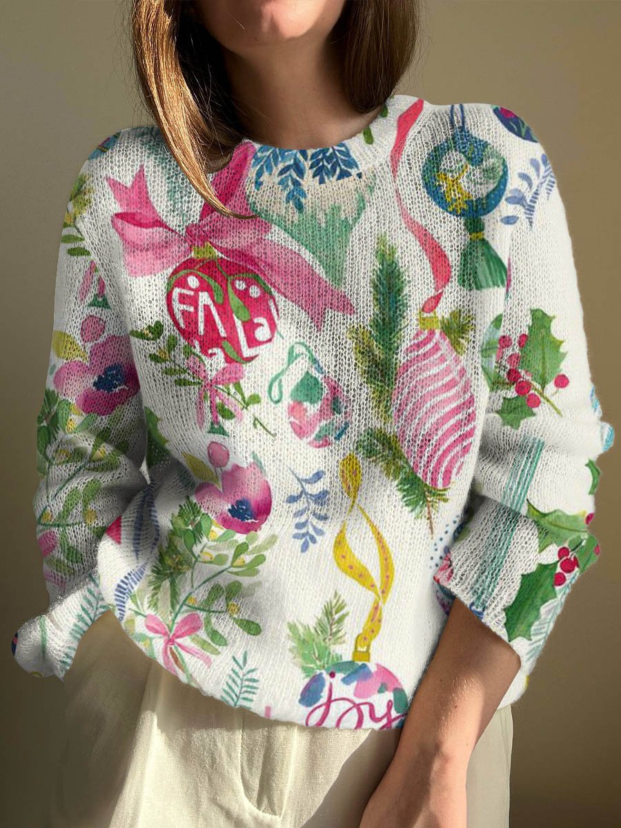 Women's Christmas Lights Ribbon Print Crew Neck Sweater